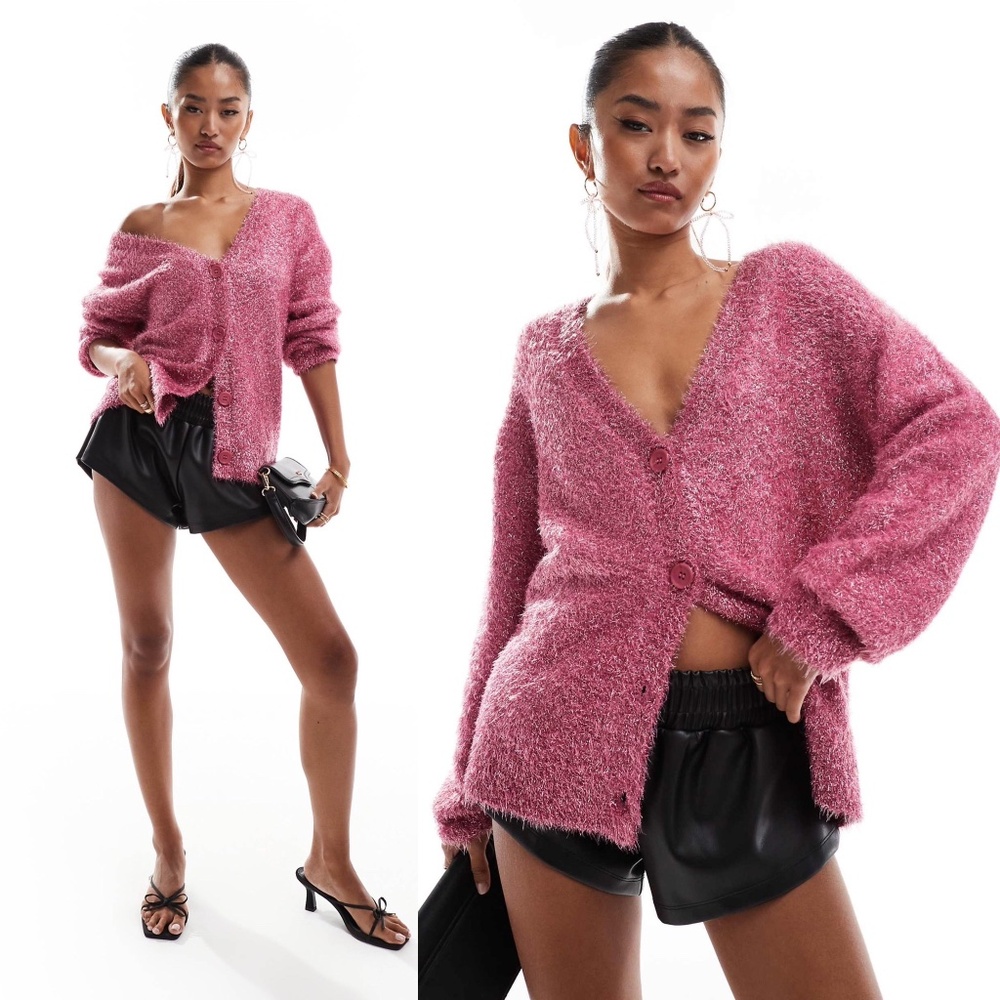 Never Fully Dressed Knit Metallic V-Neck Long Sleeve Button Front Cardigan